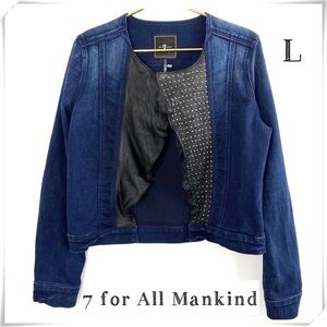 7 for All Mankind Studded Leather Open Front Denim Jacket Blue & Black Size L